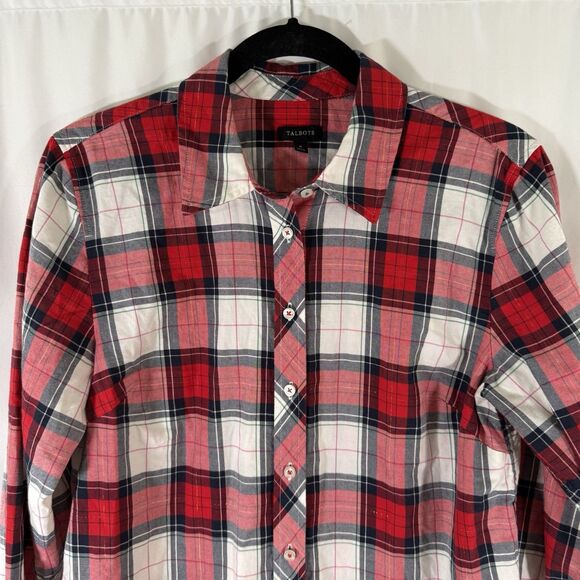 Talbots Blouse Women's Medium Red White Metallic Plaid Button Up Long Sleeve - Picture 2 of 9